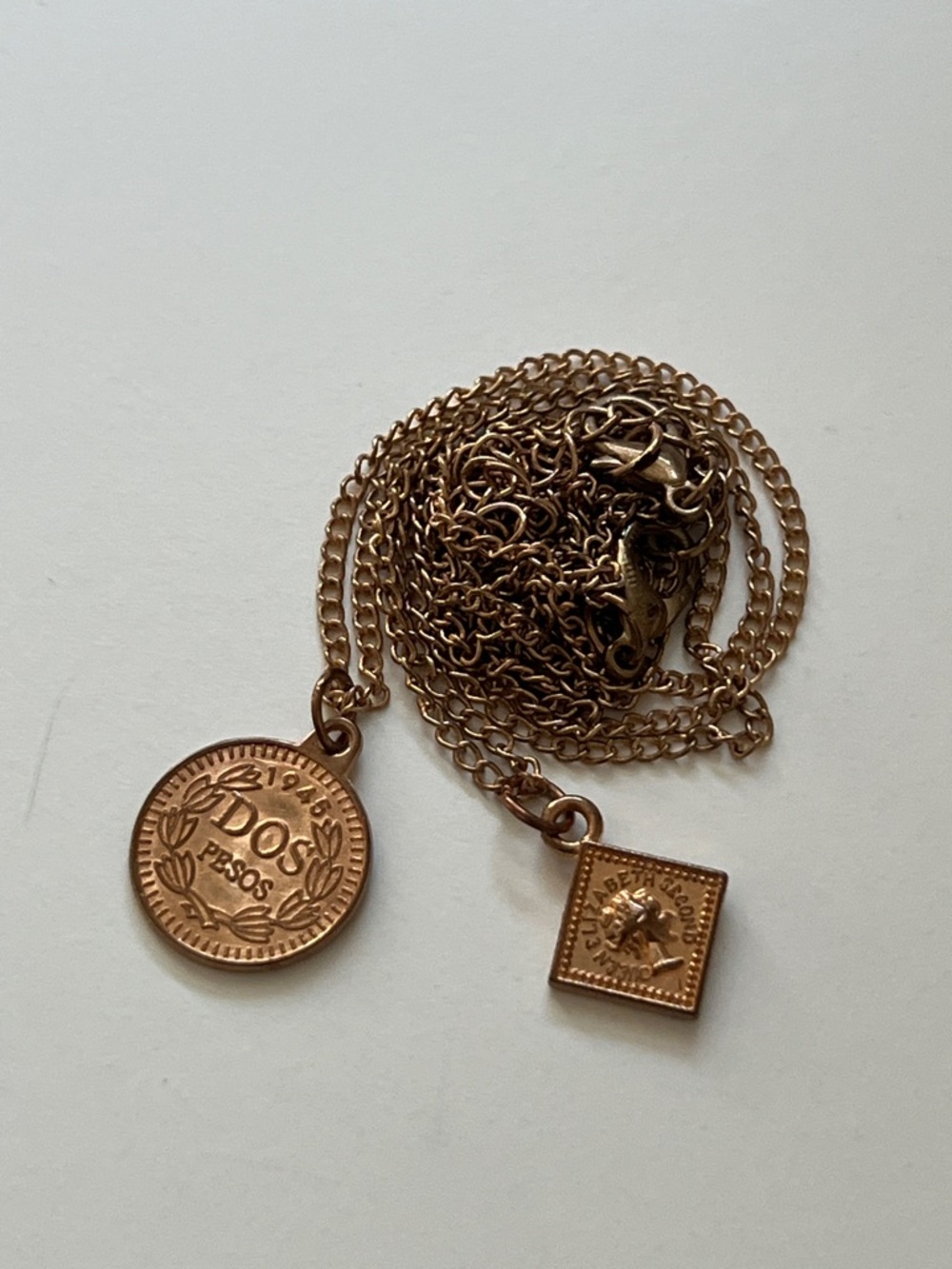 Vintage Coin Pendant Necklace in Rose Gold Tone - Two Medallions